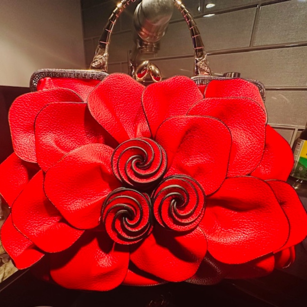 GORGEOUS Red Flower Rose Petal Bag w/Strap  & Rhinestone/Gold Handle Accents!